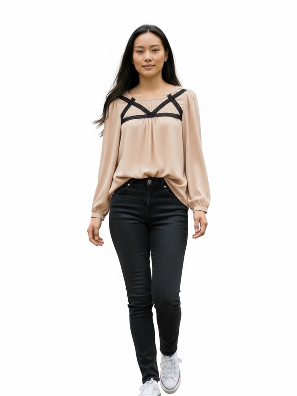 LOFT Beige Blouse with Black Trim